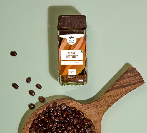 Image of Planet Coffee Divine Hazelnut Flavoured Instant Coffee | 100% Pure Arabica | 50g Glass Jar | Freeze-Dried | No Added Sugar | Medium Roast | Makes 25 Cups