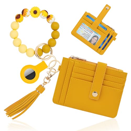 Image of Wristlet Wallet for Women, Keychain Wallet with AirTag Holder | 9 card slots,ID window & zipper pocket,RFID,beaded wrist strap and compact design for travel,shopping and daily carry.