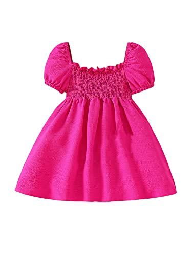 WDIRARA Toddler Girl's Frill Trim Puff Sleeve Square Neck Shirred A Line High Waist Flared Hem Dress