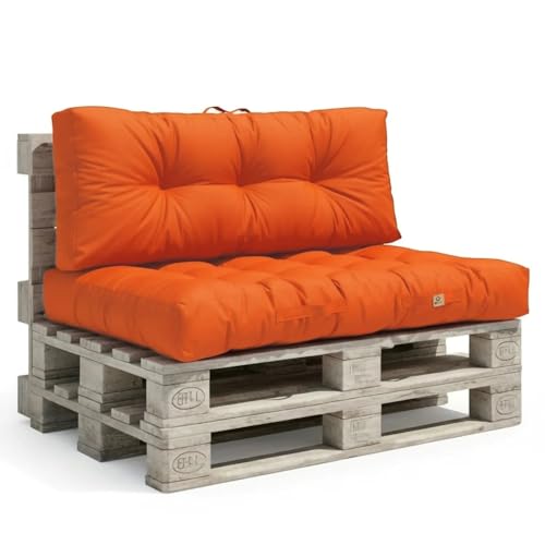 Coussin Palette - Lot de 2 Matelas Palettes pour extérieur ou intérieur - Coussins Capitonnés Moelleux - Déperlant et antiUV - Assise 120x80cm - Dossier 120x40cm - Orange - Déco Arts