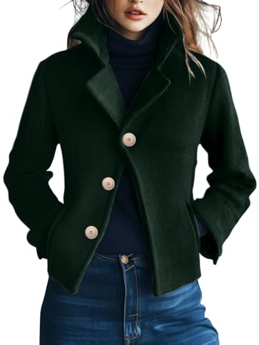 Image of CHARTOU Women Short Plaid Wool Blend Jacket Crop Woo Blazer Pea Coat Crop Winter Outwear (X-Small, Solid Green)