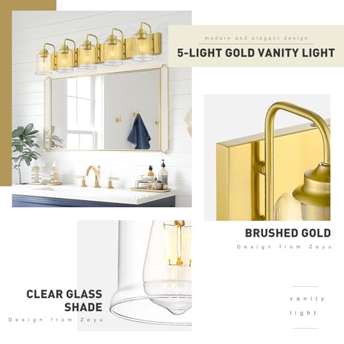 Image of zeyu 36 Inch Bathroom Lighting Fixtures Over Mirror, Vintage Bathroom Light Fixtures, 5-Light Bathroom Light with Clear Glass Shade, Brushed Gold Finish, ZSL72B-5W BG