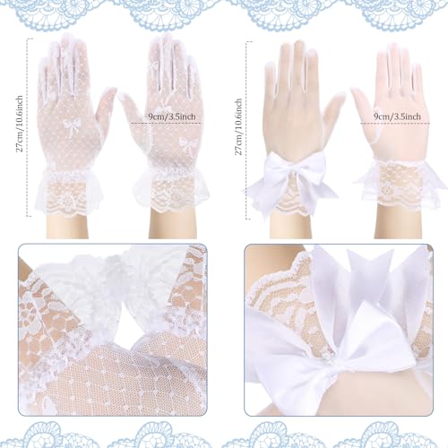 4 Pairs Tea Party Gloves for Little Girls Kids Lace Short White Satin Princess Dressing Gloves with Bows for Party3