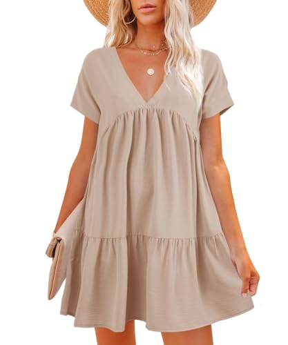 Lueluoye Women V Neck Flowy Babydoll Dresses 2025 Summer Short Sleeve Swing Shift Loose Casual Summer Mini Tunic Dress
