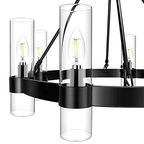 Klgxnrd 8-Light Black Wagon Wheel Chandelier, Modern Farmhouse Glass Lighting Fixture, Round Industrial Hanging Pendant Light for Living Room, Dining Room, Kitchen Island, Entryway, Foyer - Image 5