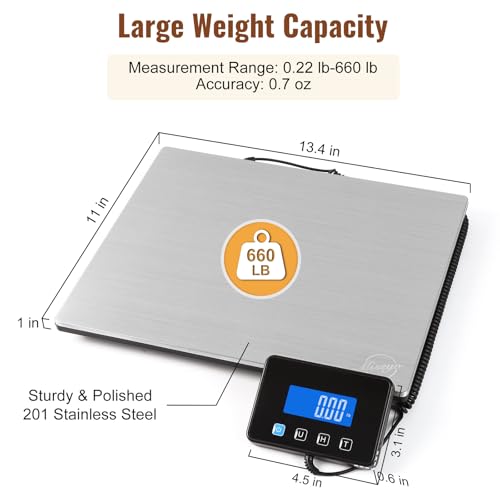 Image of Miseyo 660lbs Digital Shipping Scale - 0.7oz High Accurate Stainless Steel Postal Scale for Packages, Luggage, Small Business, Warehouse, Battery & Charging Cable Included