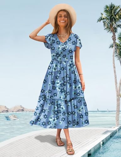 Image of YESNO Women Summer Boho Floral Casual Dresses V Neck Ruffle Cap Sleeve Smocked Midi Dress with Pockets EVA