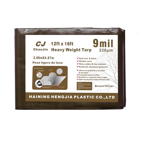 ChaoJin Heavy Duty Tarp Waterproof - Multipurpose Protective Cover - Durable, Waterproof, Weather Proof, Rip and Tear Resistant - Extra Thick (9 Mil,12'x16) Brown/Silver