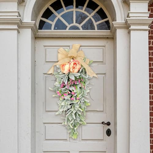 Teardrop Swag Decorative Spring Summer Hanging Decor for Holiday Door Garden, Mixed Floral Flower Teardrop Wreath with Burlap Floral Arrangement for Door Wall Mantel Window - Image 5