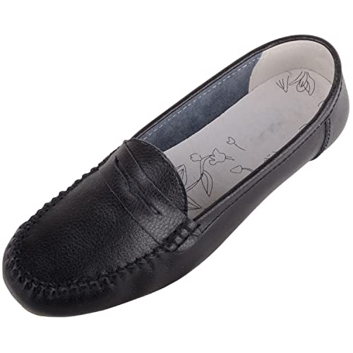ABSOLUTE FOOTWEAR Womens Action Leather Slip On Mocassin Summer Loafers - Black - US 10
