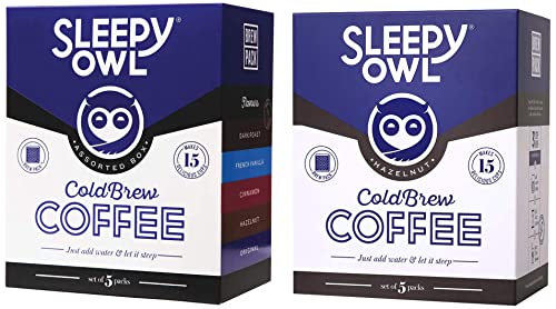 Image of Sleepy Owl Assorted Cold Brew Packs, 5 X 250 g & Coffee Hazelnut Cold Brew Combo | 5 Packs | 3 Step Brew - No Equipment Required | 100% Arabica Beans - Sourced Directly From Farms, 5 x 300 g