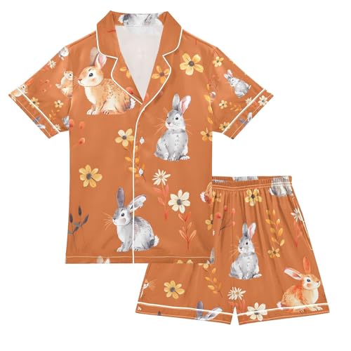 senya Bunny Rabbit Cartoons Satin Summer Pajama Sets Silk Short Sleeve Button Down Sleepwear
