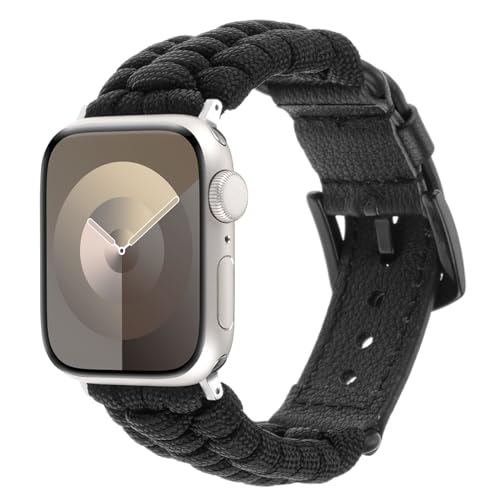 Sufderny Braided Paracord Nylon Bands Compatible with Apple Watch Band 41mm 40mm 38mm 49mm 45mm 44mm 42mm, Dressy Leather Strap Sport Bracelet for iWatch Series 9 8 7 6 5 4 3 2 1 SE Ultra, Black