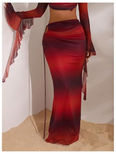 SHENHE Women's Y2k Mesh Maxi Skirt Ruched Cut Out Tie Dye Bodycon Long Fishtail Skirt2