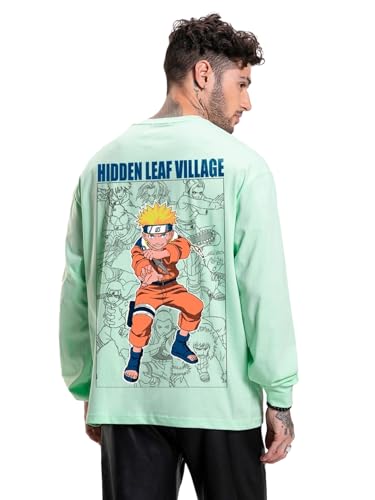 Image of Bewakoof Official Naruto Merchandise Men's Graphic Printed Oversized Fit Full Sleeve Round Neck Cotton Jersey T-Shirt