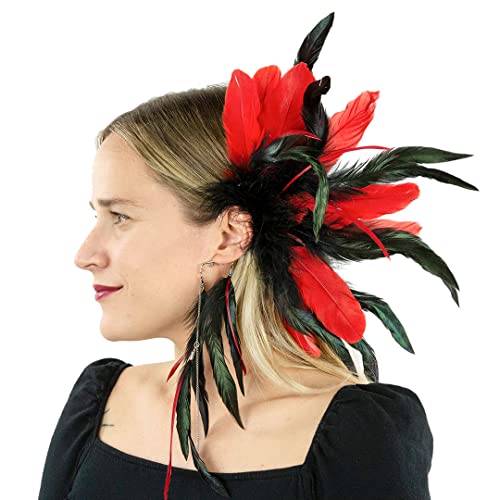 ZUCKER Feather Fascinators for Women - Black & Red Festival, Mardi Gras Ear Cuff Clip with Pierce-less Feather Earrings