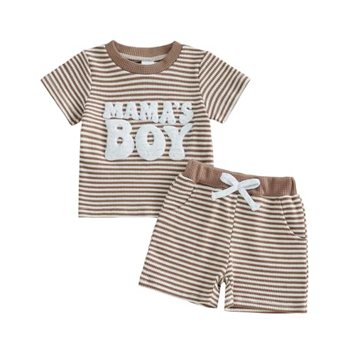 eqenkely Abiti Completini e Coordinati per Bambino Estivo Maglietta Striscia a Maniche Corte +Pantaloncini Elastiche 2 Pezzi Vestiti Outfit Set Marrone 18-24 mesi