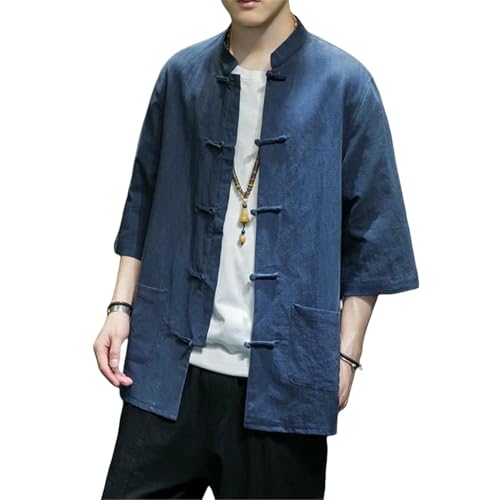 Chemise style chinois hommes en coton lin ample à col montant