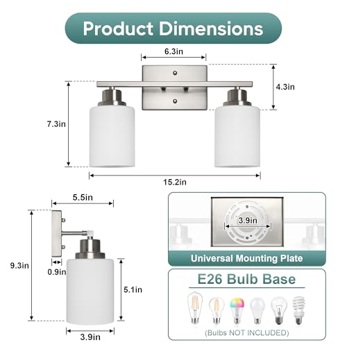Image of Ascher Bathroom Light Fixtures, 2-Light Vanity Light Over Mirror, Brushed Nickel Wall Sconces with Milky White Frosted Glass Shades, Wall Lamp for Living Room Bedroom, E26 Base(Bulbs Not Included)