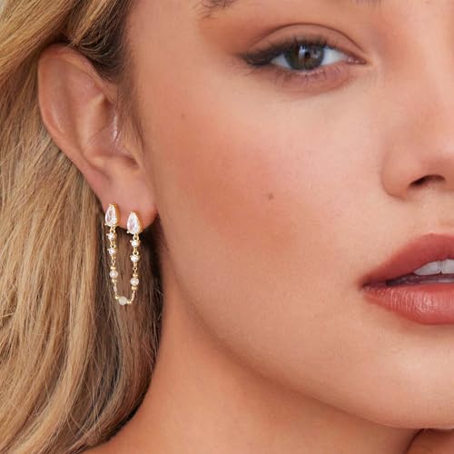 LOYATA Dangle Chain Earrings for Women-Small Gold Double Piercing Drop Long Stud Earrings 14K Gold Plated/925 Sterling Silver Post Hypoallergenic Dangly Earrings Wedding Everyday Ear Jewelry Gifts4