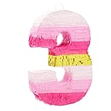 Small Pink and Gold Foil Number 3 Pull String Pinata for Kids 3rd Birthday Party Decorations (16.5 x 11 In)