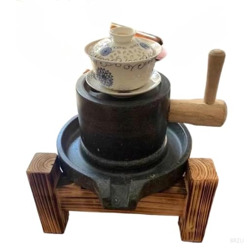 BRZU 天然ブルーストーン製のクラシックな小型石臼。手回し式。茶器、抹茶石臼、スパイス、ハーブ、茶葉の粉砕に。無添加で健康的な粉砕。お子様にも安全な設計。お手入れ簡単。環境に優しく、美しいデザイン。DIY教育にも最適。小型の茶漉し道具のおもちゃ、家庭工芸