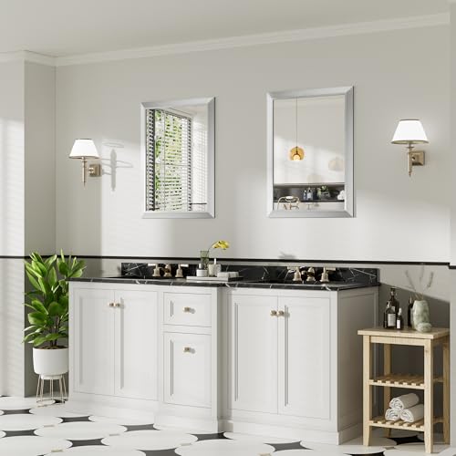 24x32 Inch Silver Bathroom Mirror for Wall, Thick Metal Framed Rectangle Mirrors for Over Sink, Bedroom, Living Room, Entryway, Anti-Rust, HD Tempered Glass