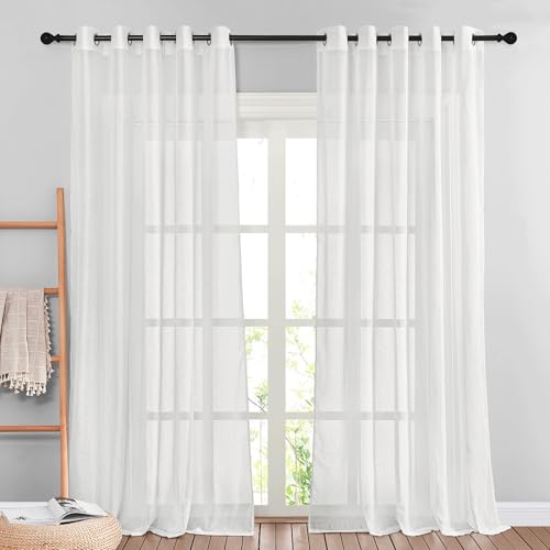 NICETOWN Semi Sheer White Linen Curtains 96 inches Long 2 Panels, Grommet Linen Blend Elegant Vertical Drapes with Light Filtering Window Curtains for Farmhouse/Living Room, W62 x L96