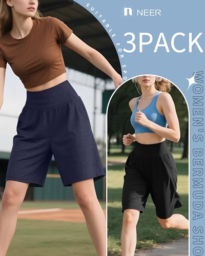 Neer 3 Pack Women's Bermuda Shorts, High Waist Cotton Stretch Casual Bottoms Knee Length Summer Athletic Short with Pockets2