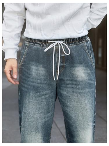 OYOANGLE Men's Jeans Jogger Pants Elastic Drawstring Waist Tapered Denim Trousers with Pocket4