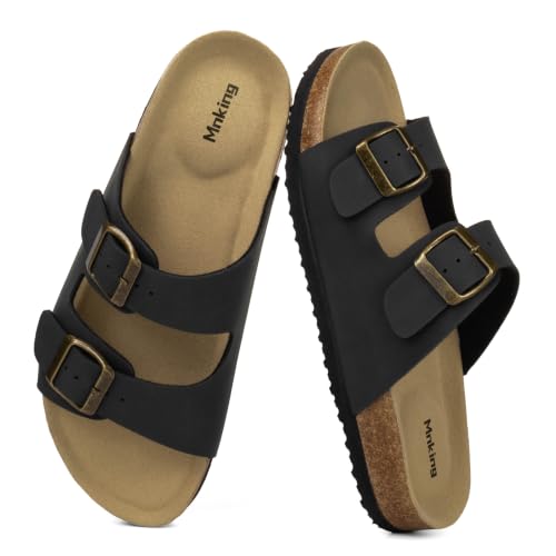 Mnking Sandalias Mules Mujer Hombre Verano Plana Hebilla Punta Abierta Sandalias de Pala Retro Cómodo Piel de Ante Pantuflas de Corcho Antideslizantes Zapatillas Planas Negro EU39