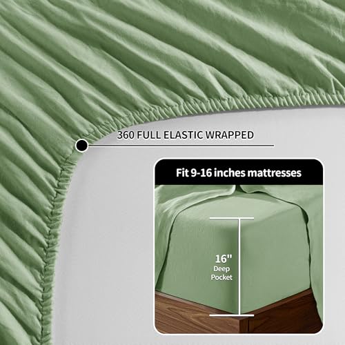 Image of 100% Pure Linen Sheet Set 4pcs Natural Linen Sheets Queen Size, Moisture-Wicking Bedding Set Up to 16 inch Deep Pocket (Green Queen)