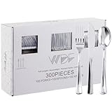 WDF 300 Pieces Silver Plastic Silverware - Plastic Silverware Heavy Duty - 100 Forks 100 Knives 100 Spoons - Disposable Silver Cutlery Perfect for Party/Wedding/Christmas