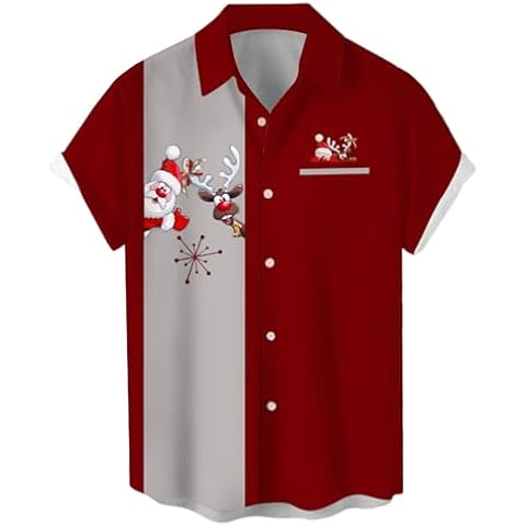 Hodaweisolp Mens Halloween Christmas Shirts Funky Santa Button Down Shirt Printed Short Sleeve Bowling Shirts Wine Santa Elk-XXL Cover