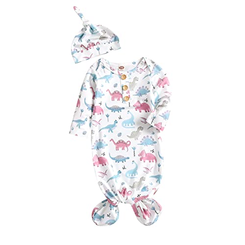 Image of Fvzbovte Newborn Knotted Gown Soft Cotton Baby Set Floral Onesie Girls and Boys Sleeper Nightgown
