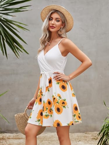 Image of ECOWISH Summer Dresses for Women 2026 V-Neck Spaghetti Strap Bowknot Backless Sleeveless Lace Mini Swing Skater Dress
