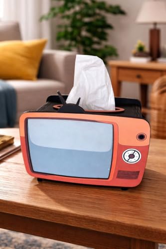 Image of TV Orange Wooden Tissue Box - Retro Tissue Holder for Home, Office & Car | Creative Wooden Napkin Dispenser | Decorative Tissue Case for Living Room & Bedroom (Retro TV Tissue Holder 2)