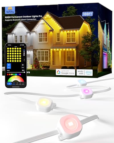 Gefolly Permanent Outdoor Lights Pro 100ft with 60 RGBW Double-LED Lights 111 Scene Modes for Daily Halloween Christmas IP67 Waterproof for Outdoor Decor Works with Alexa Google Assistant White