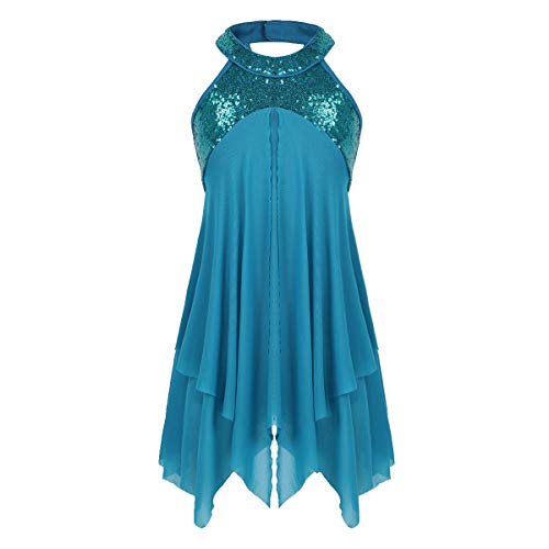 TiaoBug Kids Girls Lyrical Modern Contemporary Dance Outfits Floral Sequins Celebration of Spirit Praise Lyrical Dance Dress Turquoise (Halter) 8