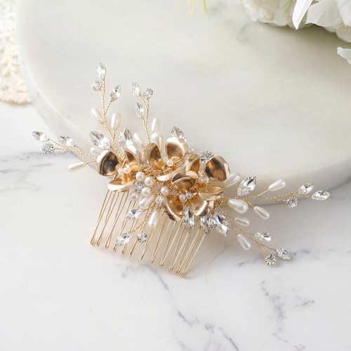 SWEETV Gold Wedding Hair Comb for Brides, Handmade Flower Pearl Rhinestone Bridal Hair Accessories, Vintage Bride Hair Clips Hair Pieces for Bridesmaids Women