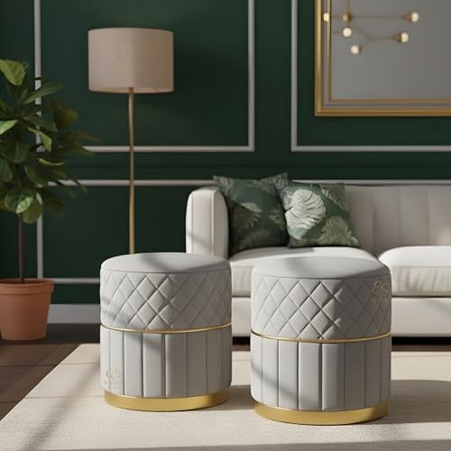 Image of ENIQE STORE Set of 2 Round Velvet Ottoman Footstool Gold Base - Tufted Upholstered Pouffe Stool for Living Room, Bedroom & Dressing Area (Grey)
