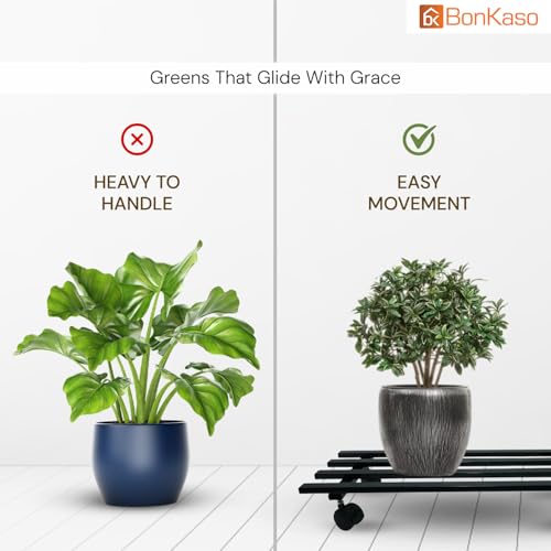 Image of BonKaso Rectangular Metal Plant Stand (Set of 2) with Wheels for Indoor & Outdoor Use (60x 22.9 x7.6 Cm) | Heavy Duty Flower Pot Holder | Holds Up to 100kg | Corner Plant Rack for Heavy Plants - Black
