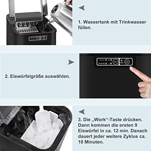 WOLTU Eiswürfelmaschine Eiswürfelbereiter, 12kg/24hrs, 1 Liter Wassertank, Selbstreinigungsfunktion, Eismaschine Leise Ice Maker ABS, Schwarz+Weiß – Bild 7