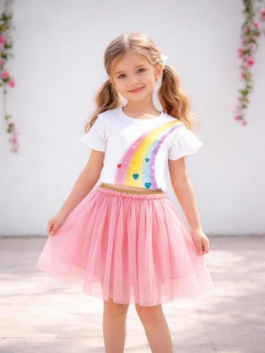 Image of HILEELANG Girls Skirt Set 2 Piece Outfit Cotton Tee Tulle Skirt Set | Soft Cotton Tee, Applique Detail, Layered Tulle Skirt with Lining, Lightweight Comfort for Toddler Little Girls
