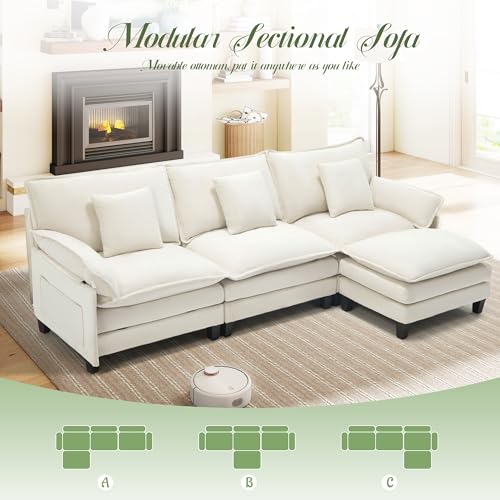 Image of Cloud Couch, 106 inch Modular Sectional Sofa with Movable Ottoman, Deep Seat Couches for Living Room, Bedroom and Apartment, L Shaped Modern Sofa with Pillows, Comfy Couch, Beige