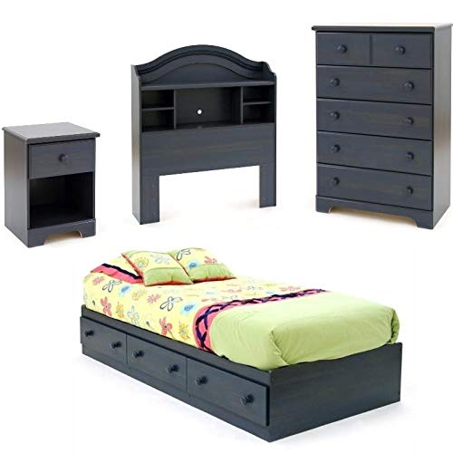 Home Square 4 Piece Kids Twin Bed Set with Headboard Nightstand & Dresser in Antique Blue