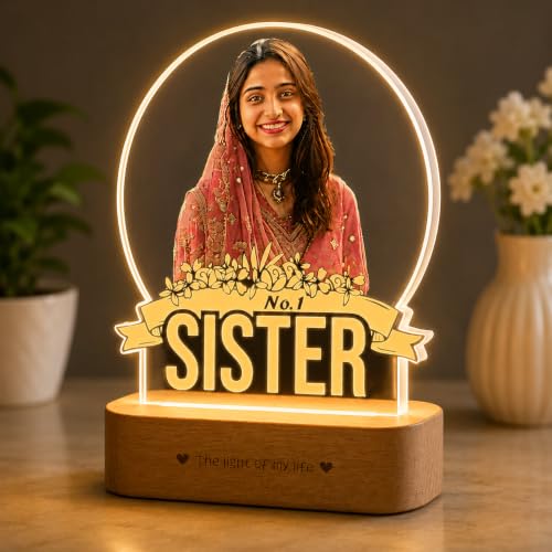 Image of ZOCI VOCI Rakhi Gift for Sister - Personalized HD Photo Lamp with Custom Color Photo Print & Warm White LED, Acrylic Memory Lamp, Raksha Bandhan Gift from Brother, Birthday Gift for No.1 Sister