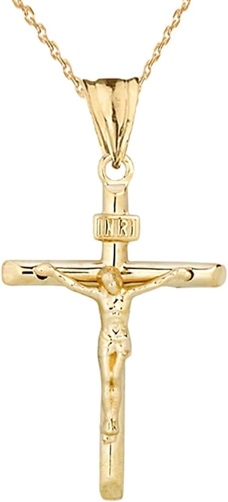 Claddagh Gold14K Yellow Gold Dainty 23mm Tall INRI Catholic Jesus Christ Crucifix Cross Pendant Necklace - Choice of Necklace Length