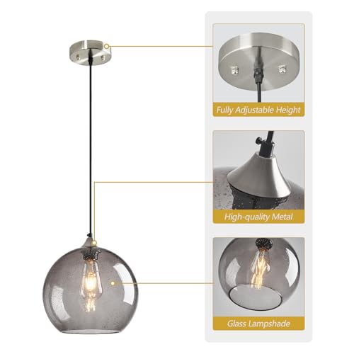 Image of Light Grey Glass Pendant Lights Kitchen Island Globe Pendant Light Fixtures Modern Pendant Lighting for Bedroom Living Dining Room Light Fixture (9.84 in, 1 Pack)