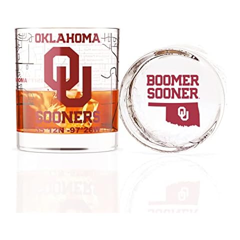 University Of Oklahoma Whiskey Glass Set (2 Low Ball Glasses) - Contains Full Color Oklahoma Sooners Logo & Campus Map - Boomer and Sooner Gift Idea for College Grads & Alumni - Glassware Cover